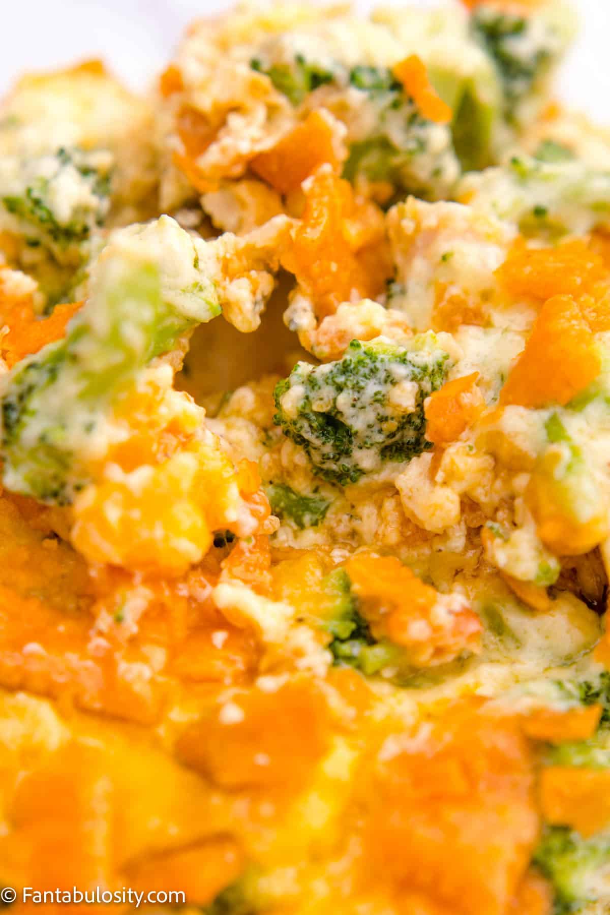 Cheese, buttery broccoli casserole close up
