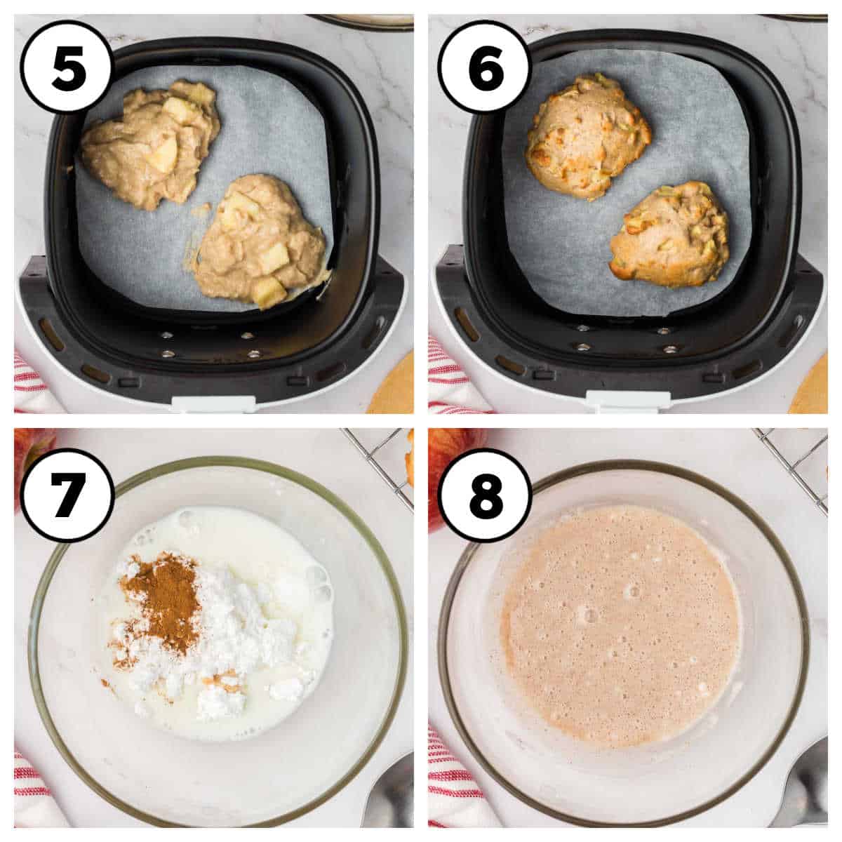 Steps 5-8 on how to make air fryer apple fritters.
