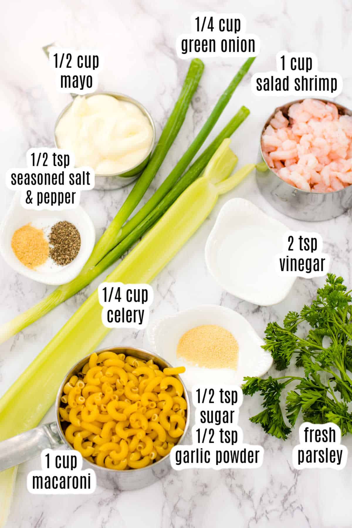 Labeled ingredients for shrimp macaroni salad.