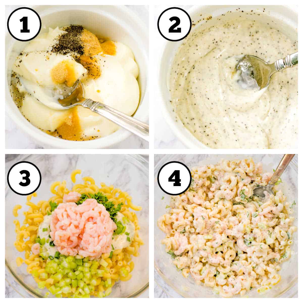 Steps 1-4 to make shrimp macaroni salad.