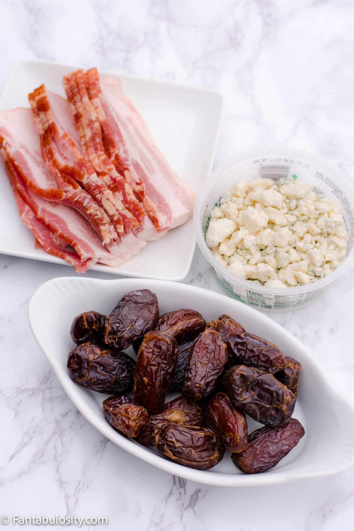 Ingredients for bacon wrapped dates with blue cheese
