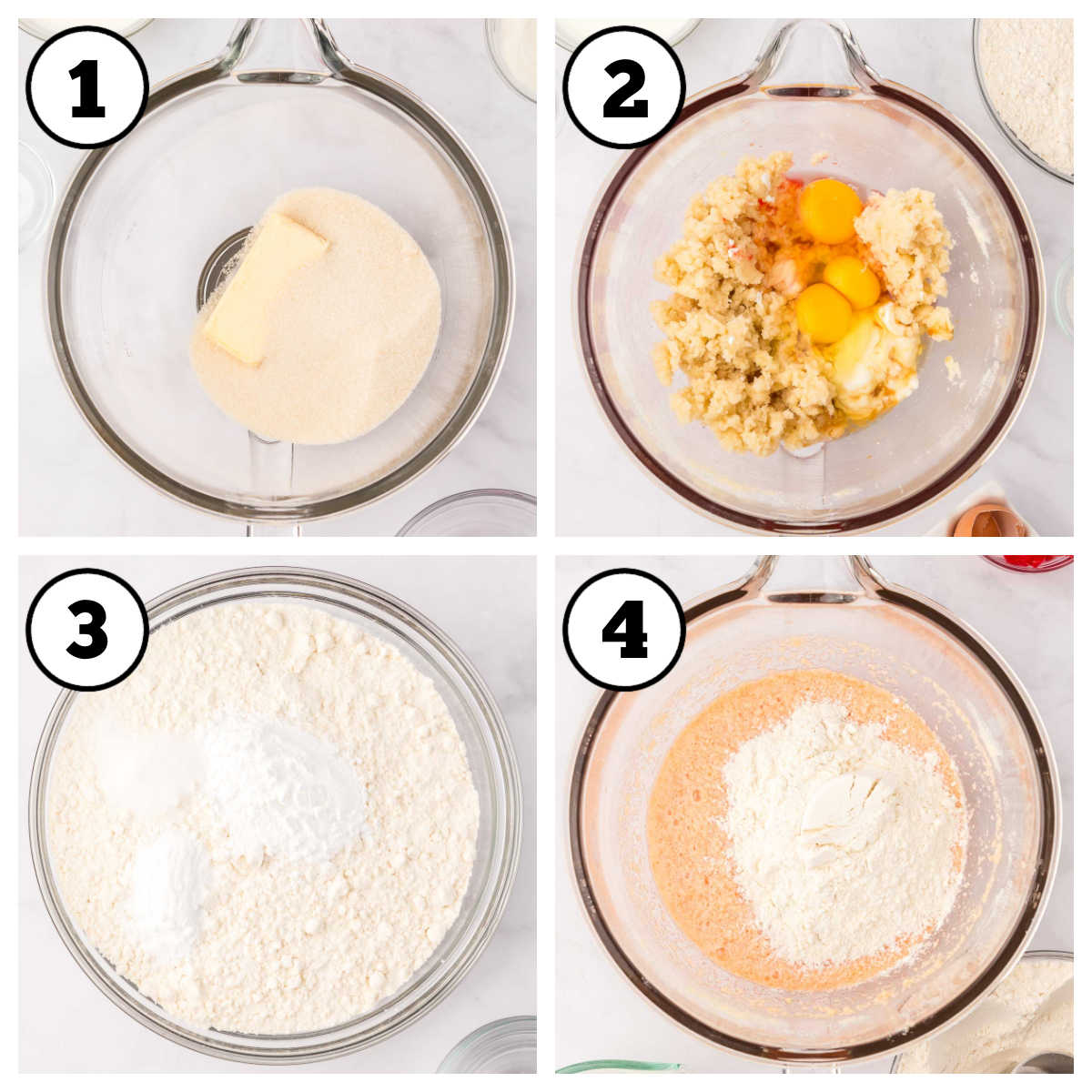 Steps 1-4 of how to make cherry chip cake batter.
