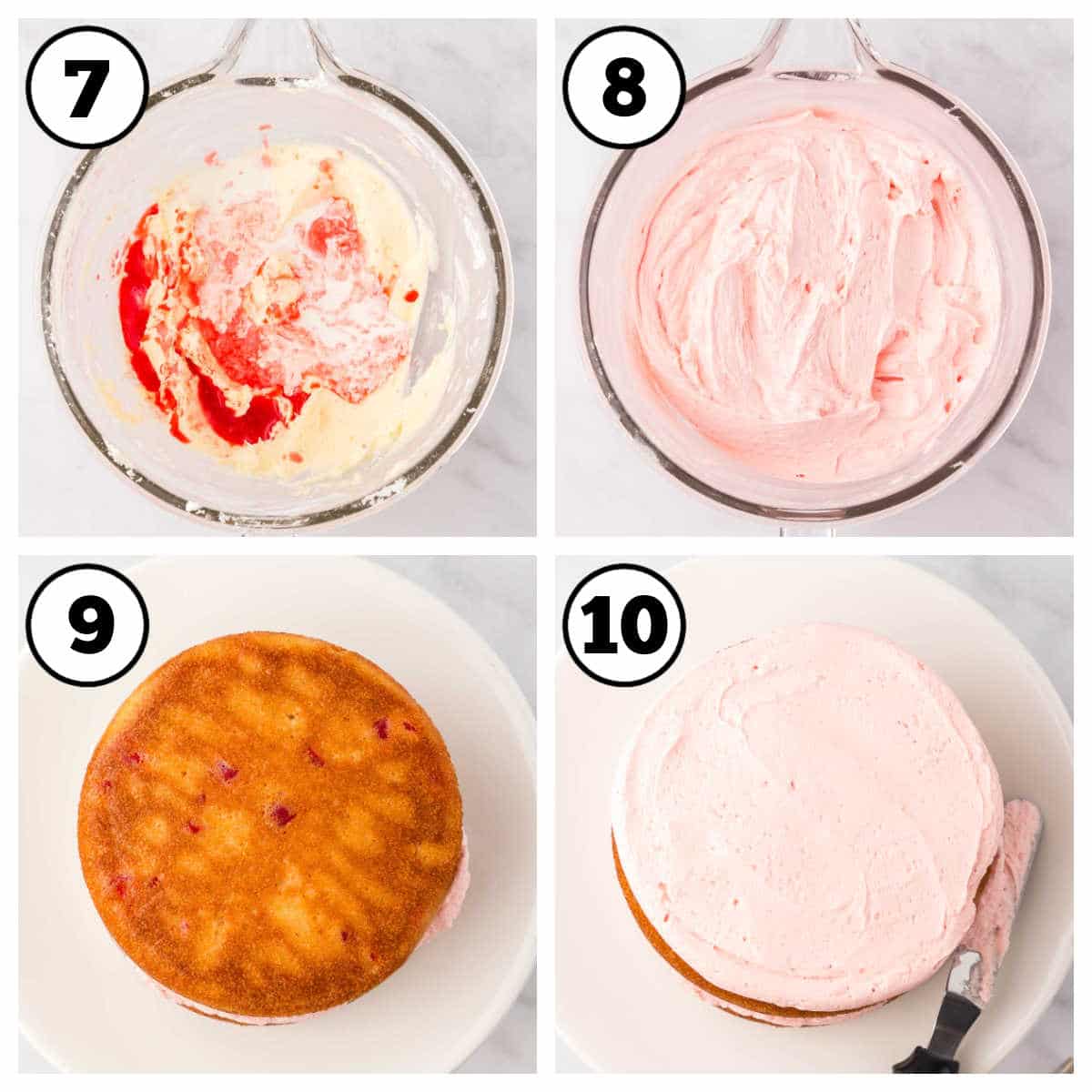 Steps 7-10, showing how to frost cherry chip cake.