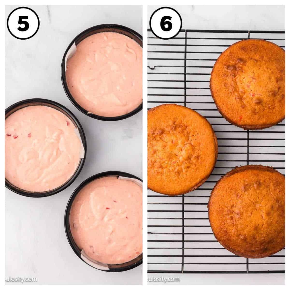 Cake batter in cake pans, and baked cake in cake pans.
