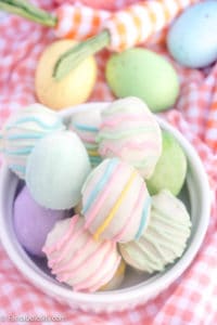 Decorated Easter egg truffles in bowl