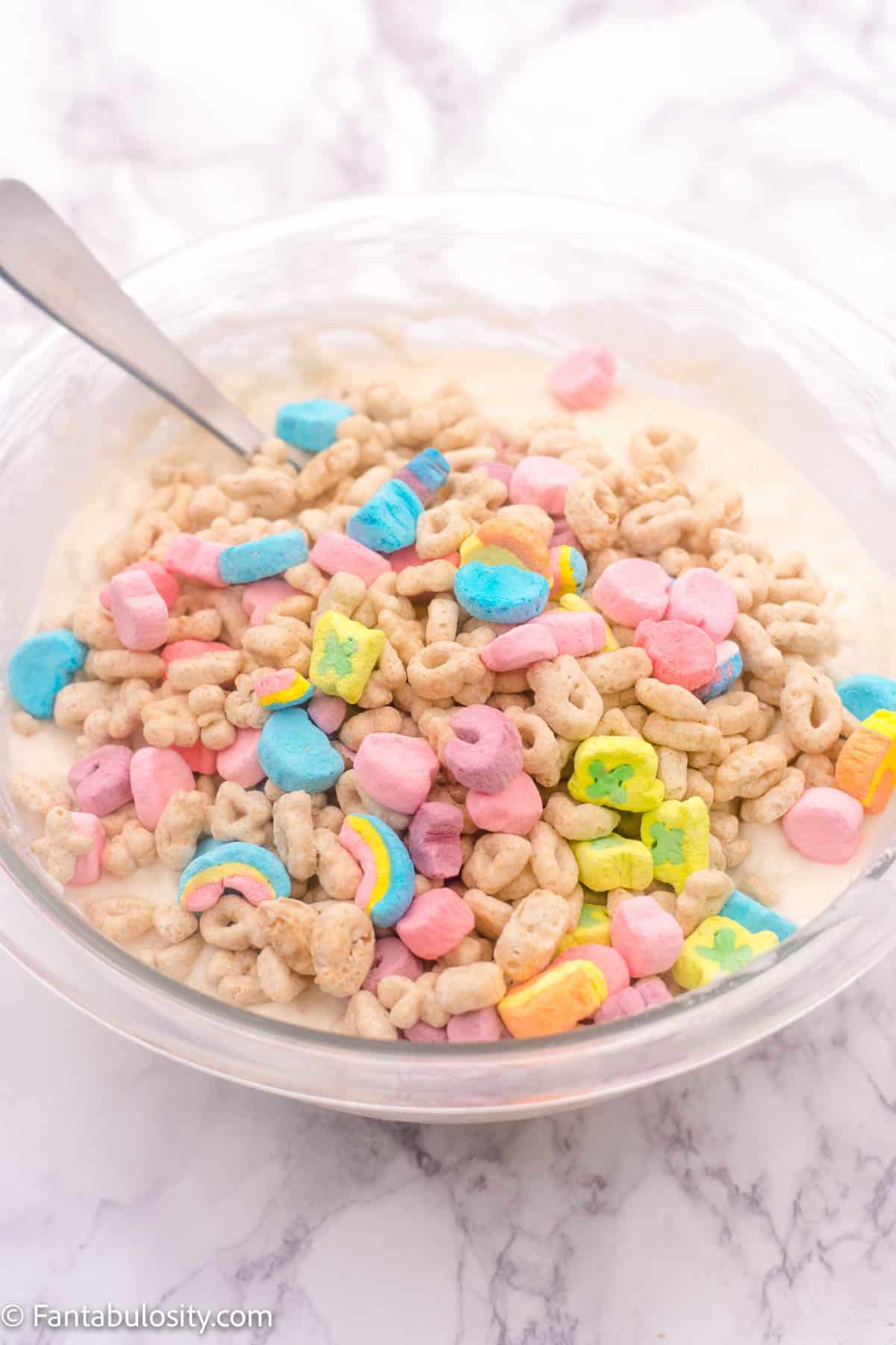 Add in Lucky Charms to pancake batter