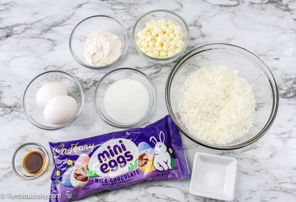 Ingredients for easter coconut macaroon nests. 