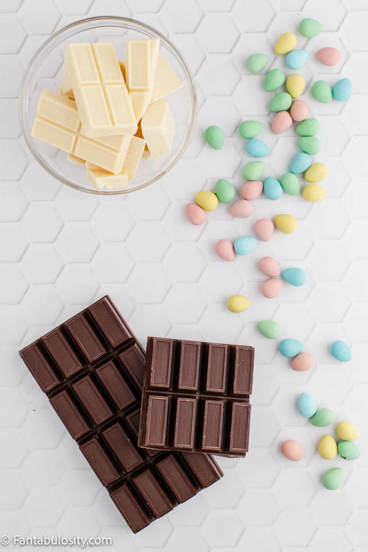 The three ingredients for Easter Bunny Bark – mini eggs, semi-sweet chocolate, white chocolate. 
