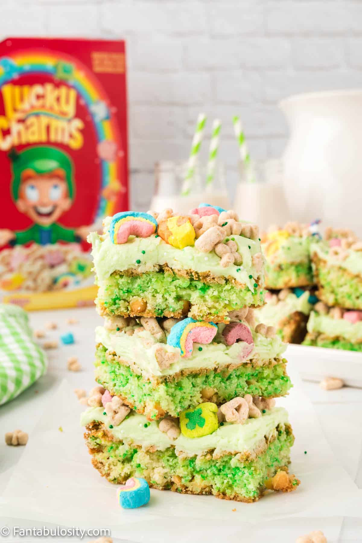 Stacked Lucky Charms Blondies on white counter