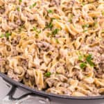 beef stroganoff in black skillet