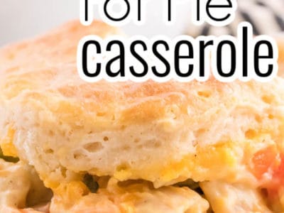 Close up of chicken pot pie casserole with text on image