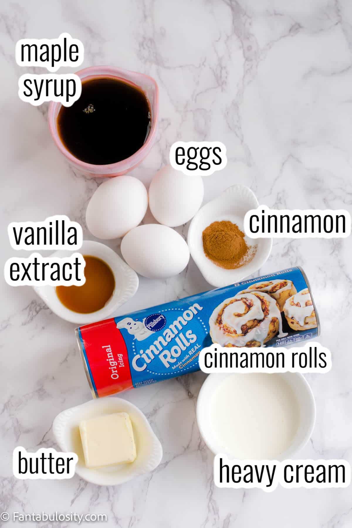 labeled ingredients for cinnamon roll casserole, on counter