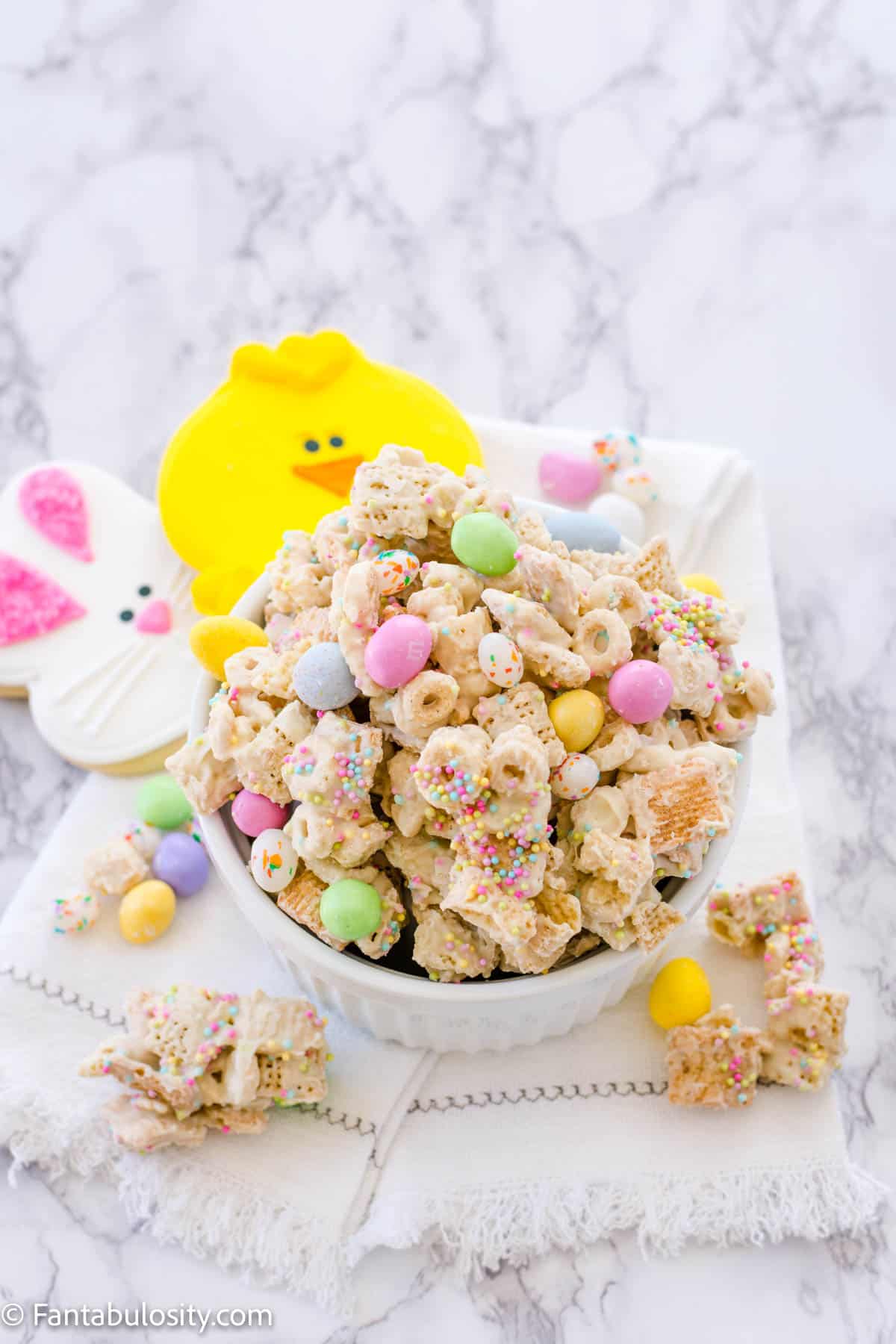 easter chex mix in white bowl