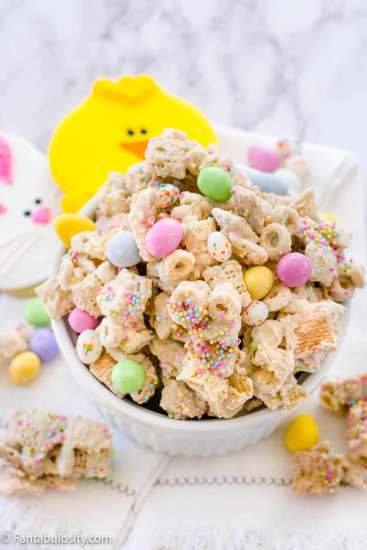 easter snack mix in white bowl