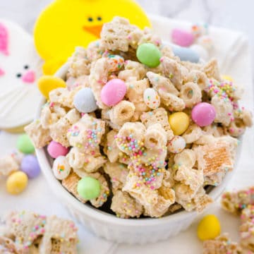 easter snack mix - bunny bait in white bowl
