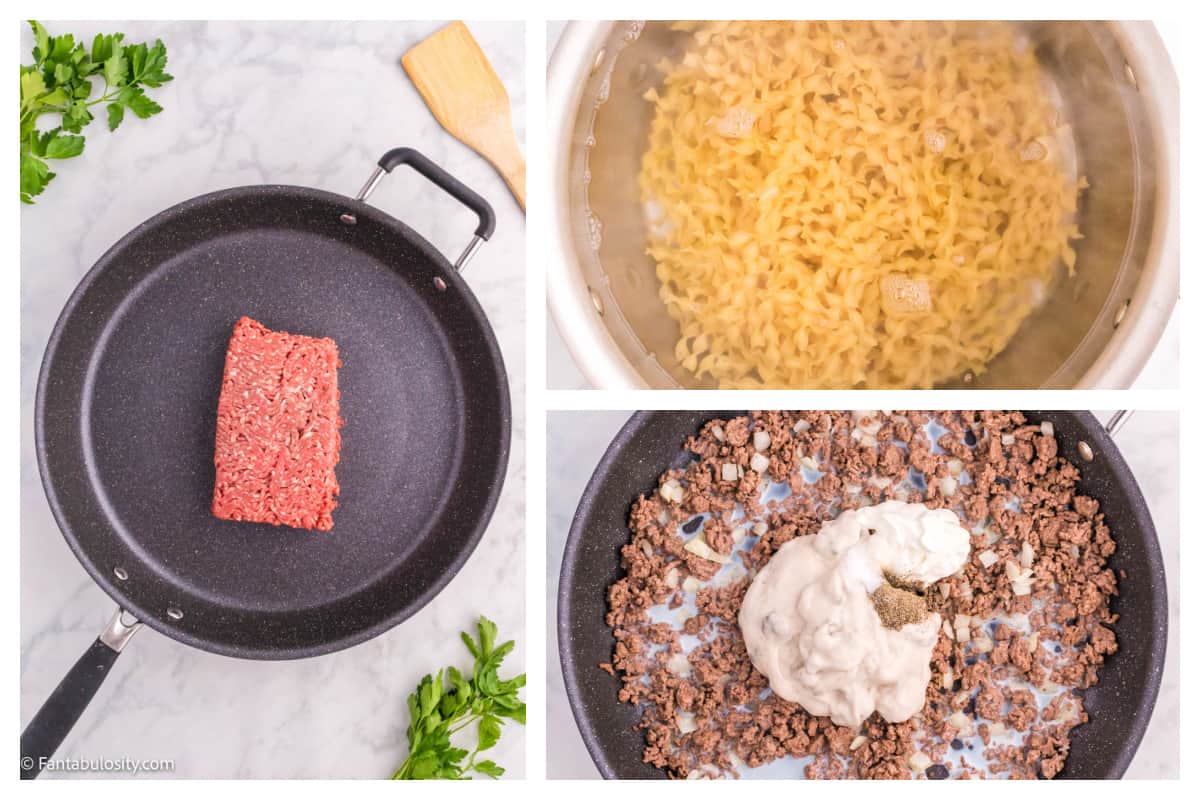collage of 3 images showing how to make beef stroganoff