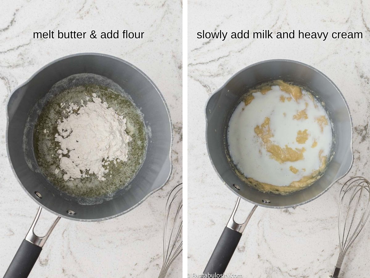 Butter, flour, cream and milk added to saucepan.