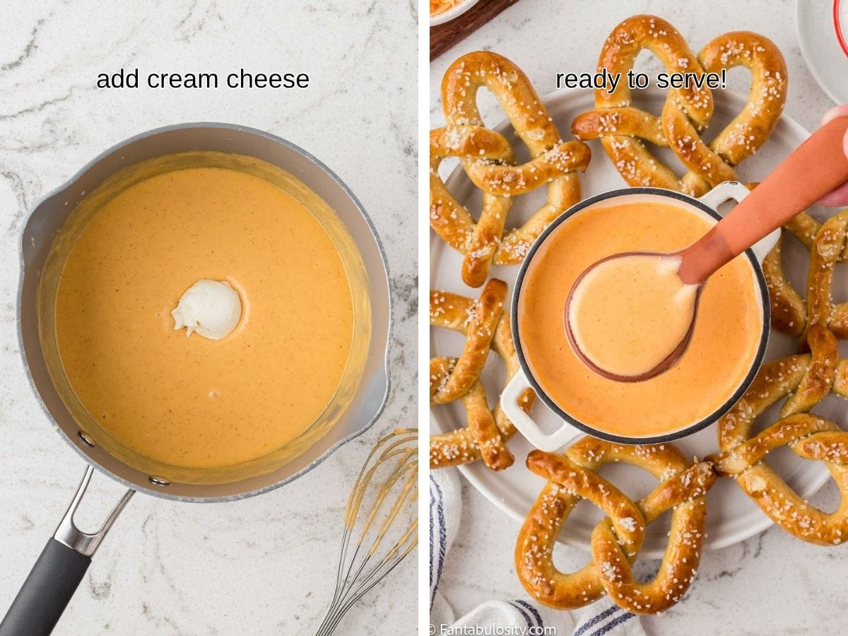 Cream cheese added to sauce pan and melted cheese ready for serving.