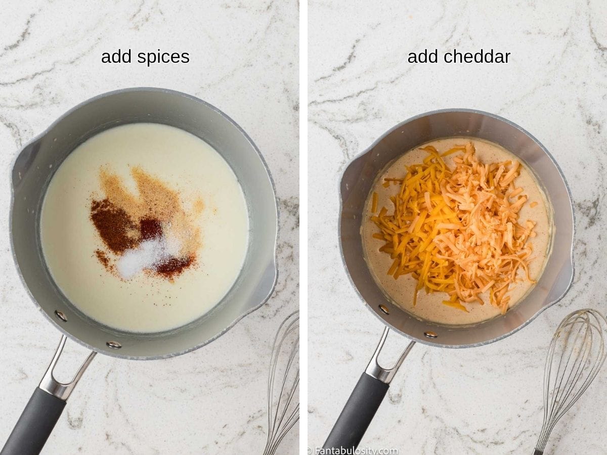 Spices added to roux mixture in saucepan, and then shredded cheese added.