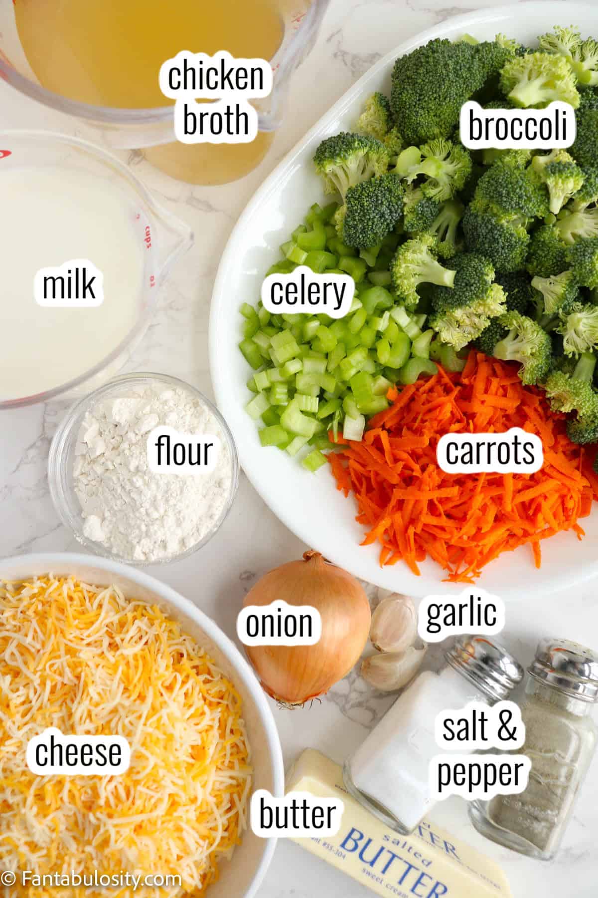 Ingredients for broccoli cheddar soup