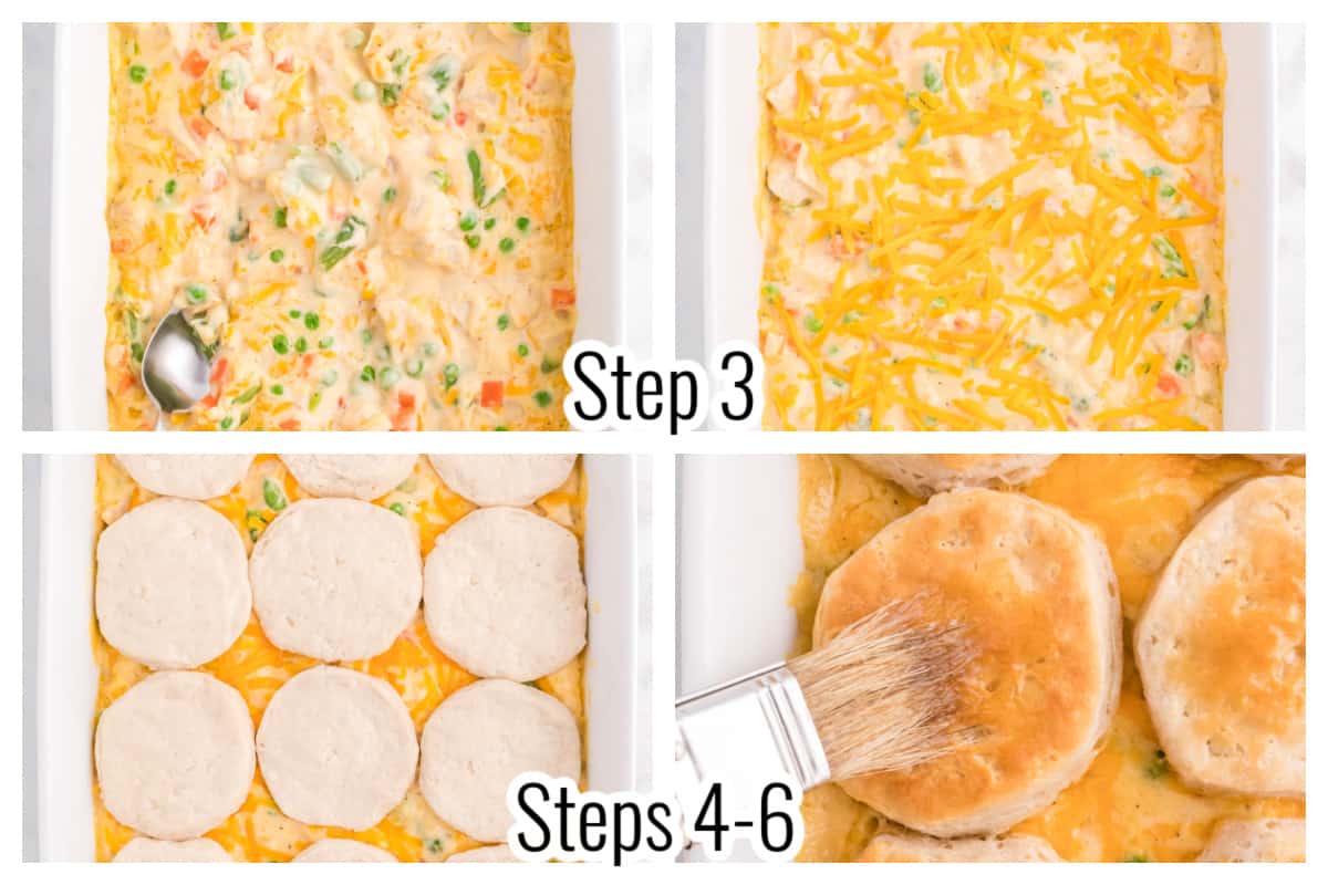 4 image collages showing steps for chicken pot pie casserole