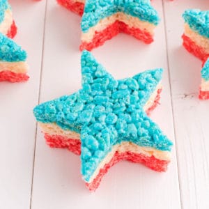 A 4th of July Rice Krispie star with layers fo red, white and blue Rice Krispie treat!