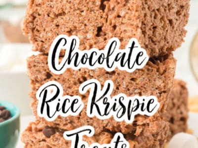 Chocolate Rice Krispie Treats stacked on top of one another - text