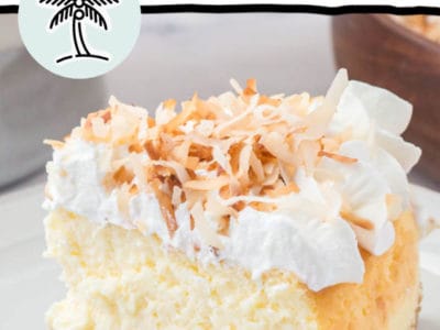 slice of coconut cheesecake with text on image
