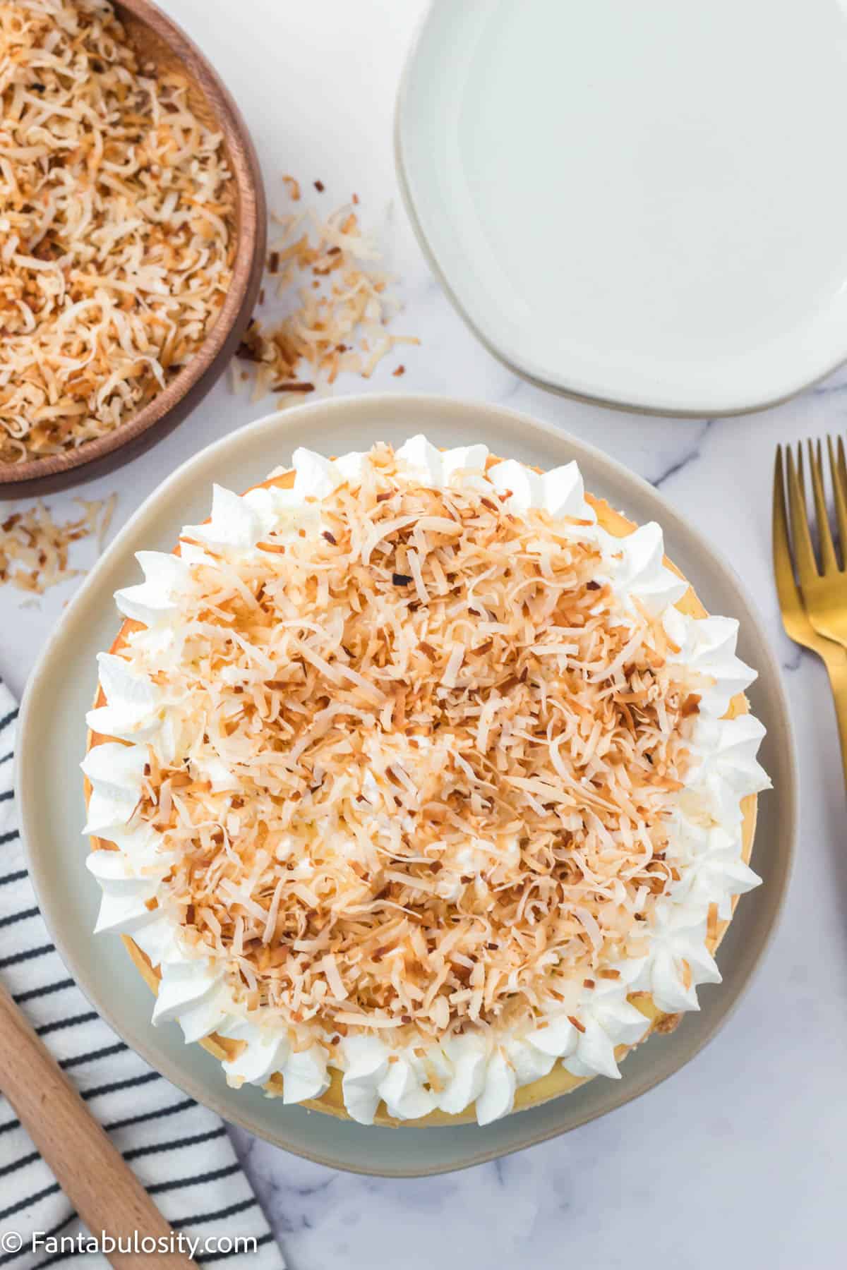 Coconut cheesecake, removed from the springform pan and with whipped cream and toasted coconut on top of it.