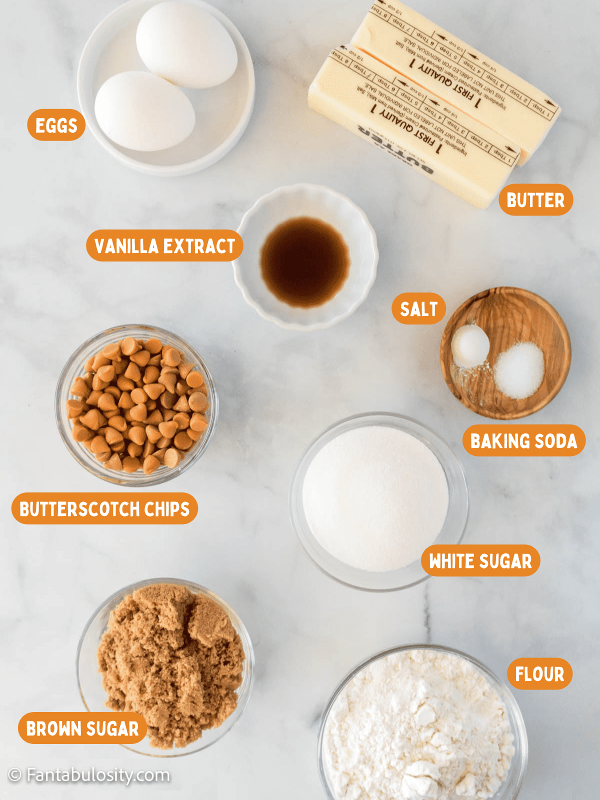 Ingredients for easy butterscotch brownies laid out on a counter with labels added to the photo. 