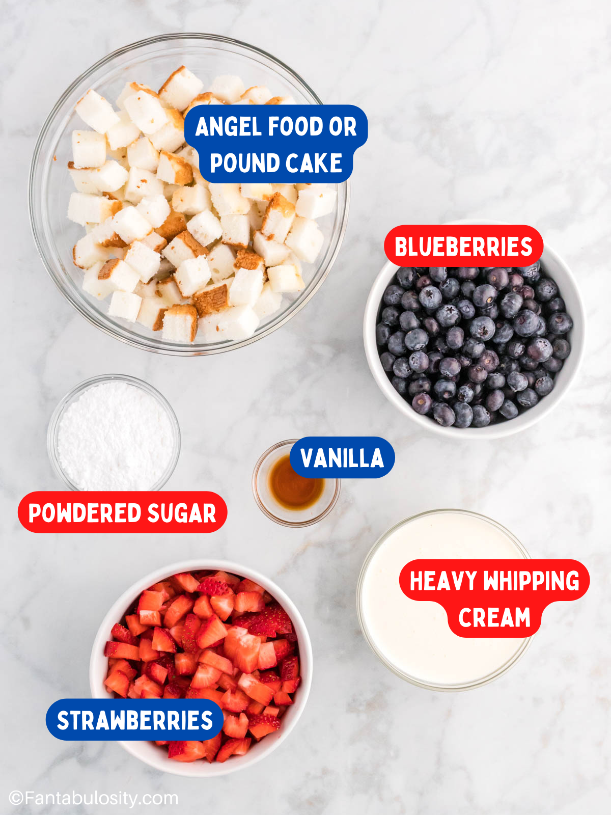 The ingredients or mixed berry mini trifles laid out with labels on the image. 