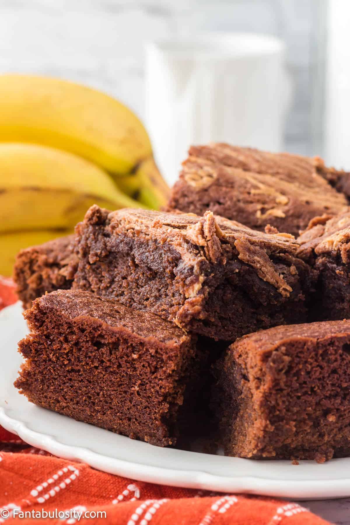 A plate of peanut butter banana brownies. 