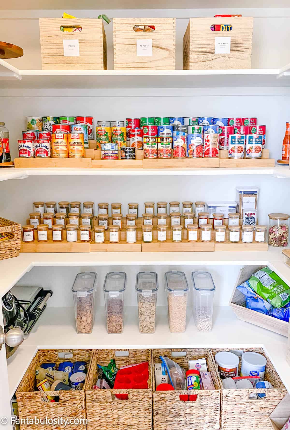 white pantry shelves with organized items