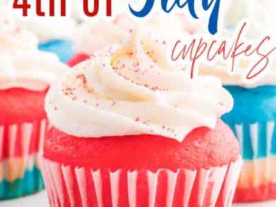 red white and blue layered cupcake with text on image