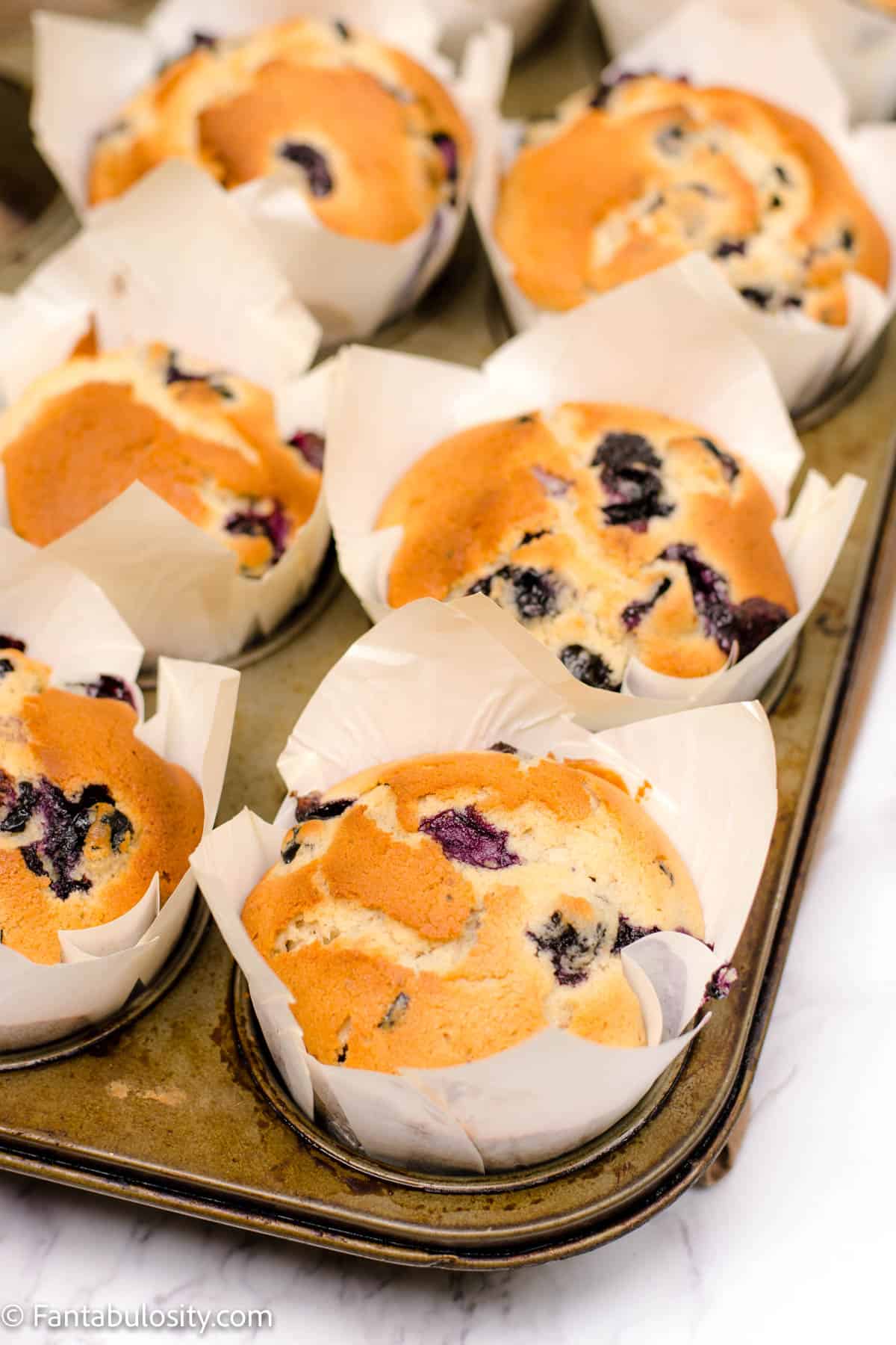 Baked buttermilk blueberry muffins in a muffin tin. 