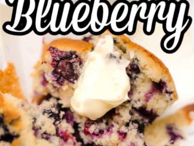 Blueberry buttermilk muffins, sliced open with butter