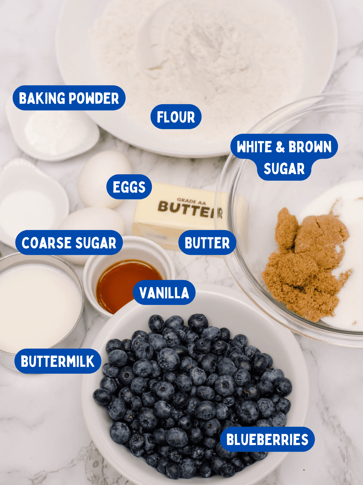 Ingredients for buttermilk blueberry muffins with labels on the image. 