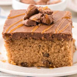 A slice of Milky Way sheet cake on top of a round plate.