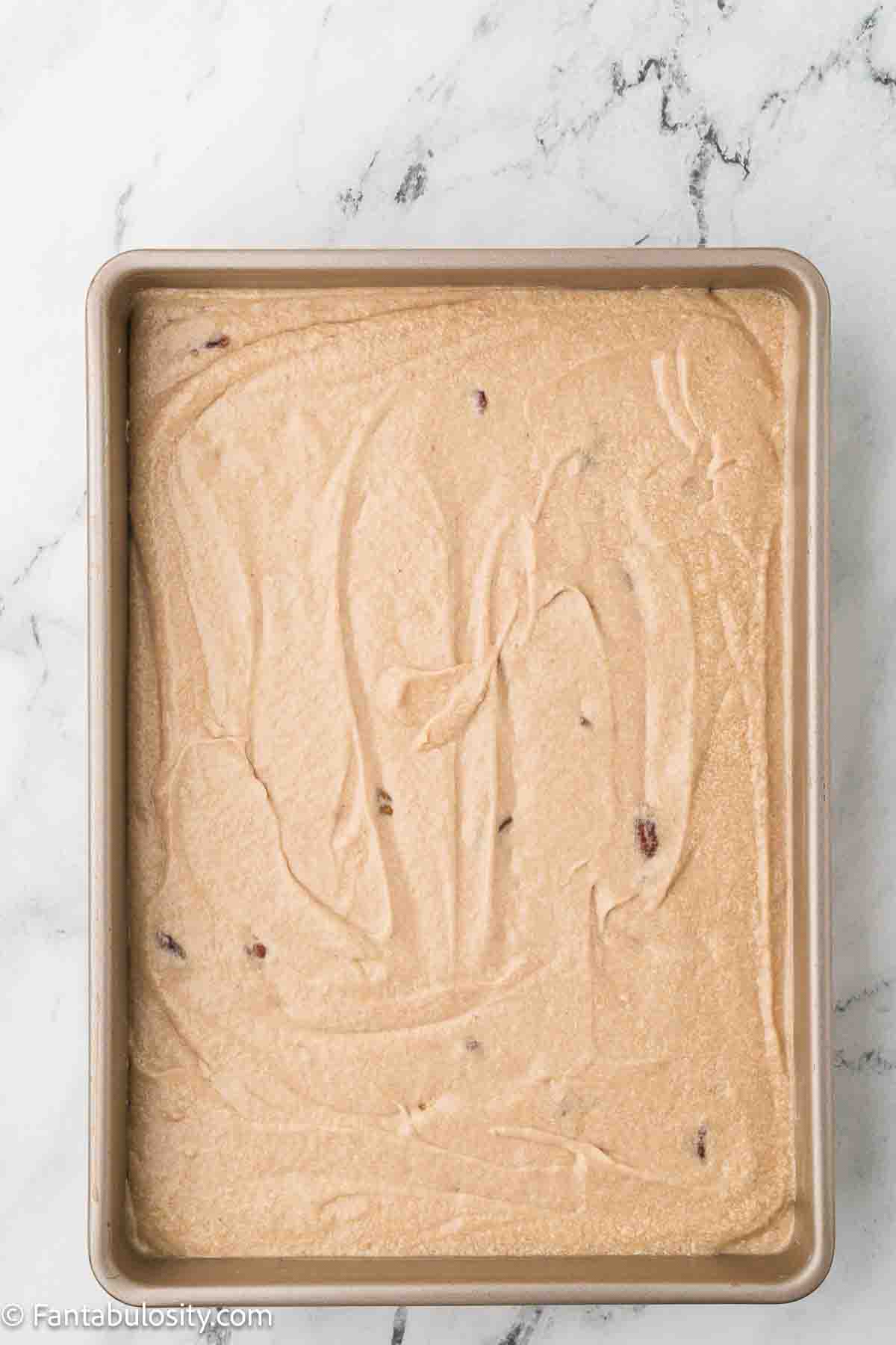 Milky Way cake batter poured in to 9x13 baking pan.