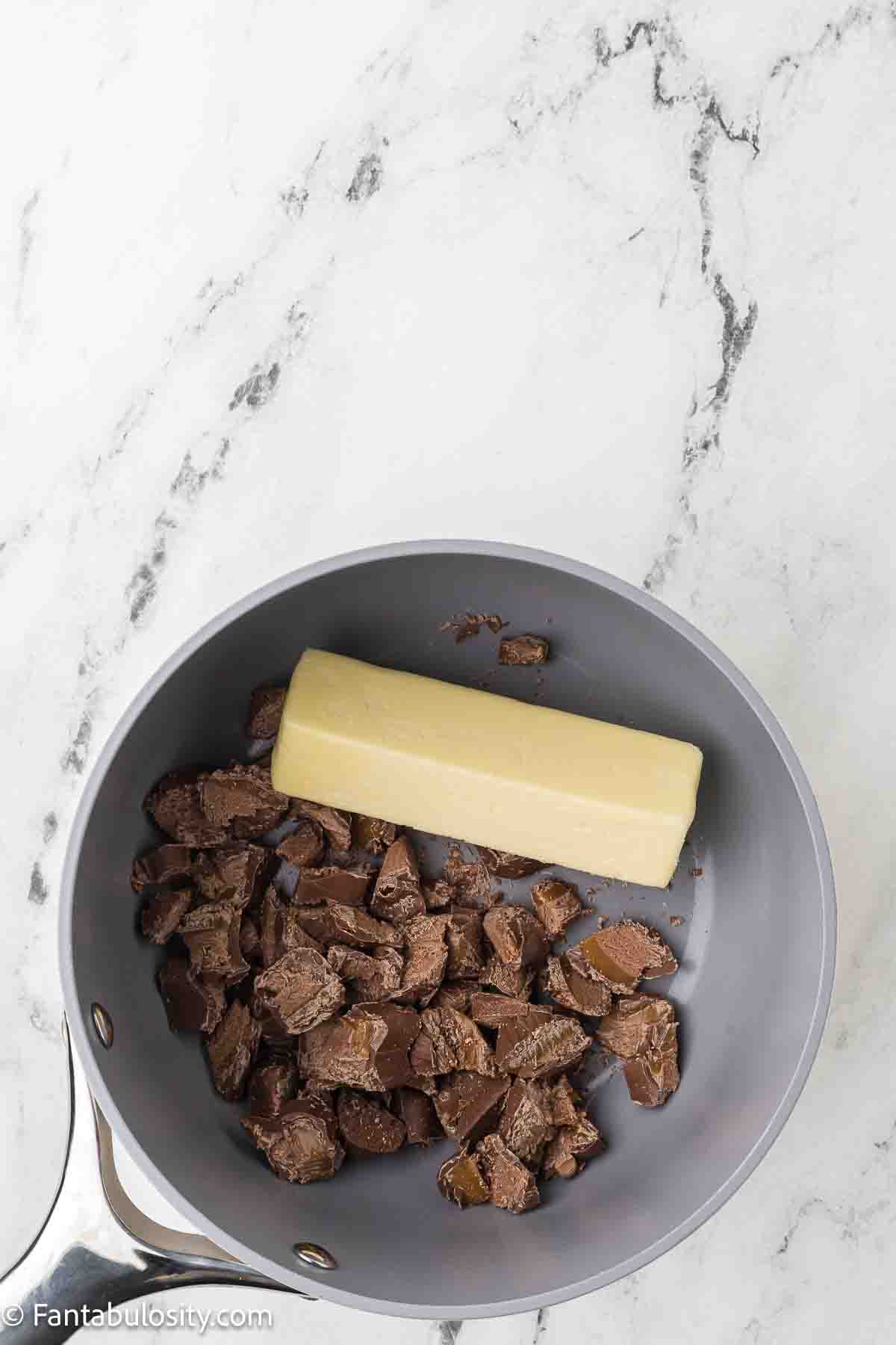 Butter and chocolate in sauce pan. 