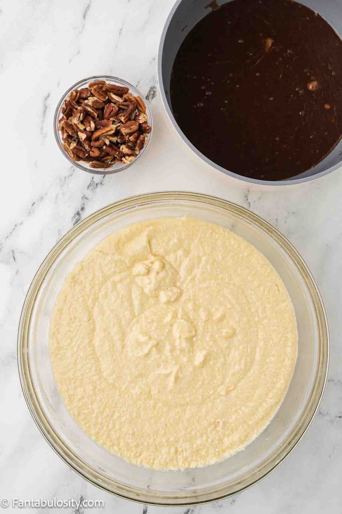 Pecans and chocolate mixture ready to be added to cake batter.