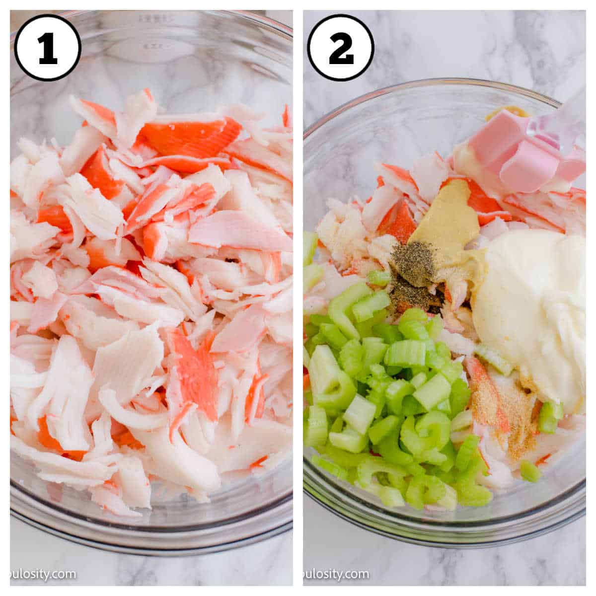 Steps 1 and 2 for making crab salad.