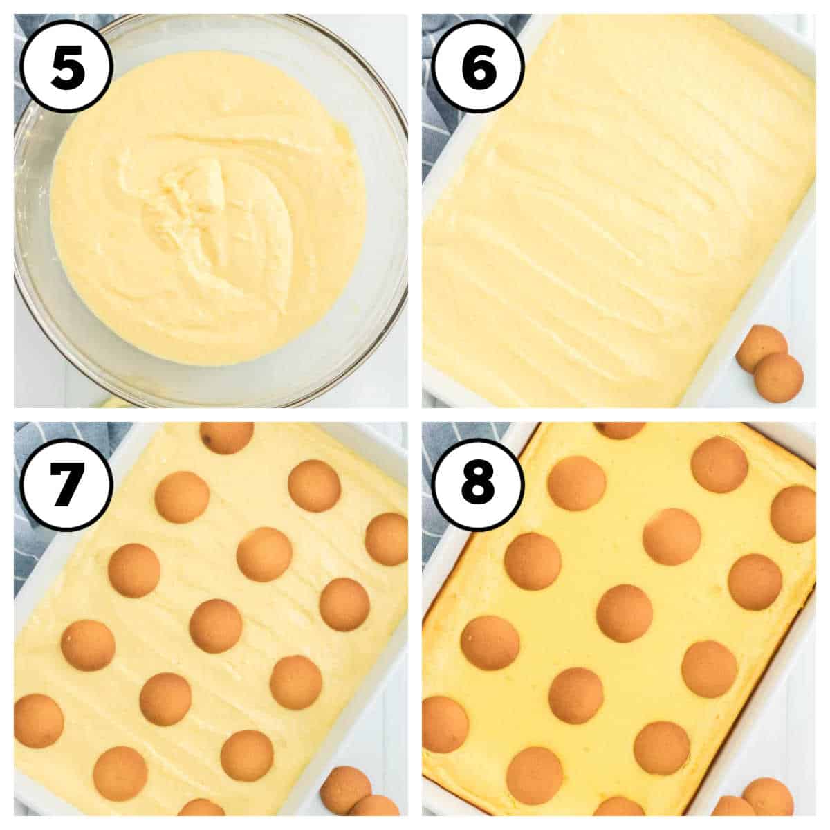 Steps 5-8 of banana pudding brownies.