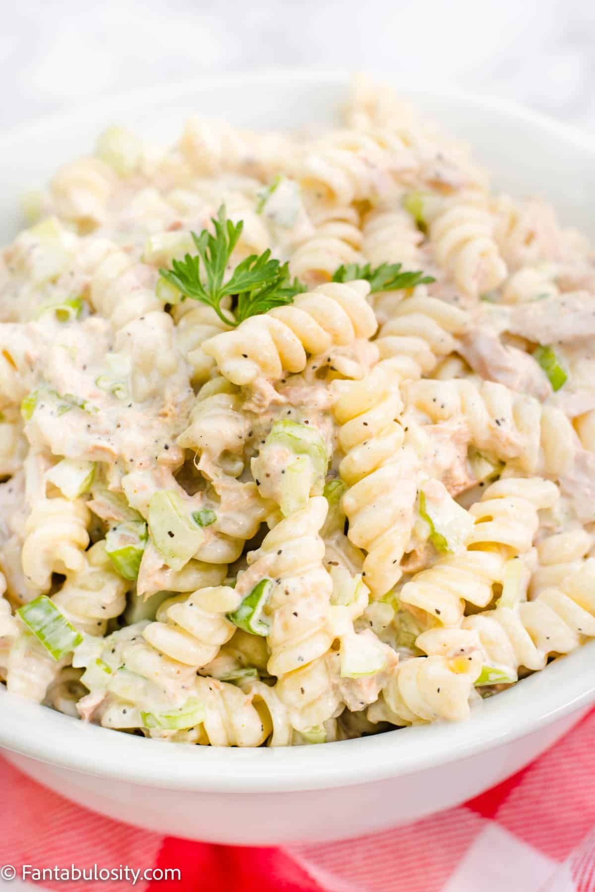 tuna pasta salad in white bowl 