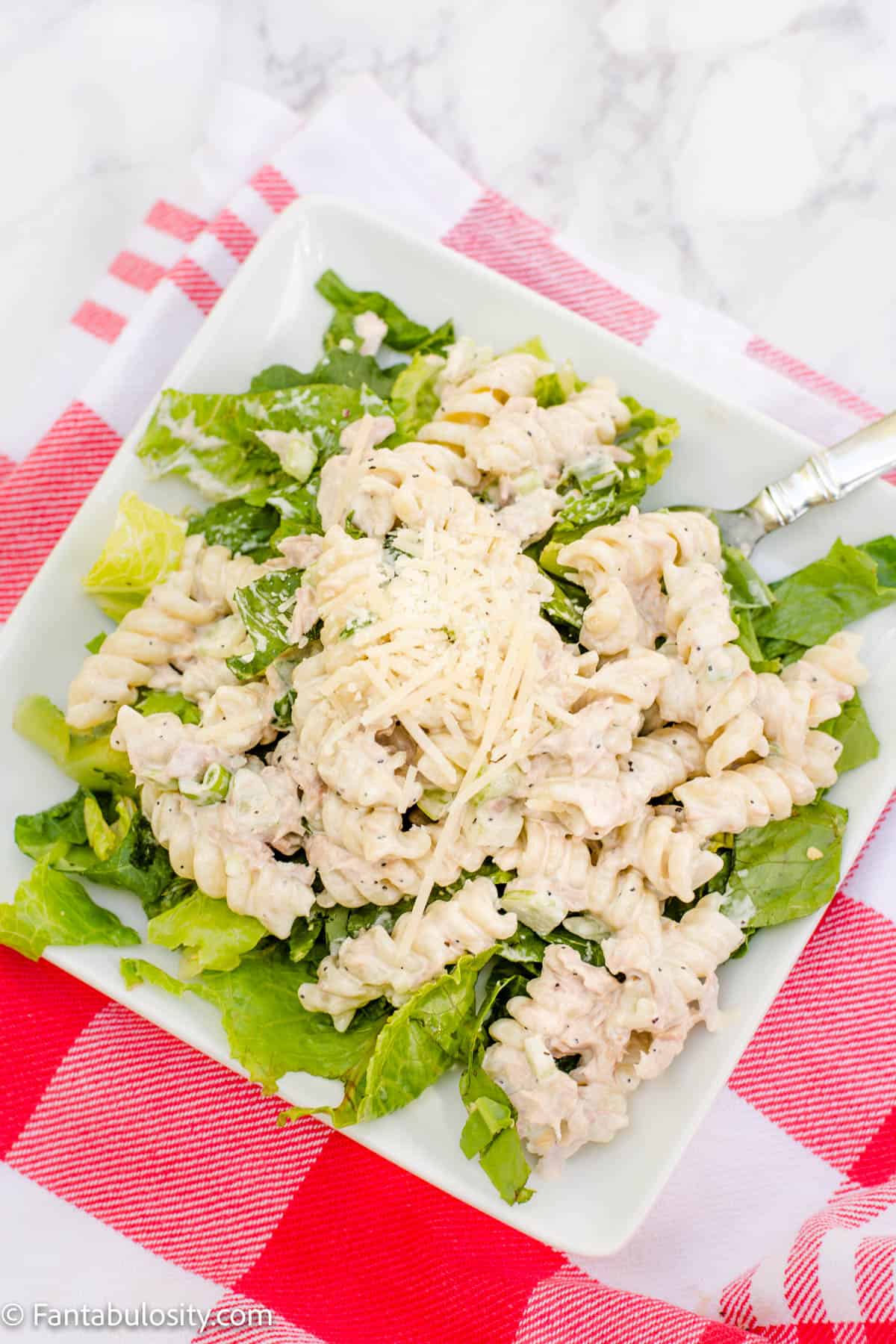 Tuna pasta salad on lettuce as a salad