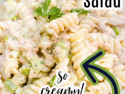 tuna pasta salad in white bowl with text on image