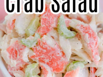 crab salad in white bowl with text on image