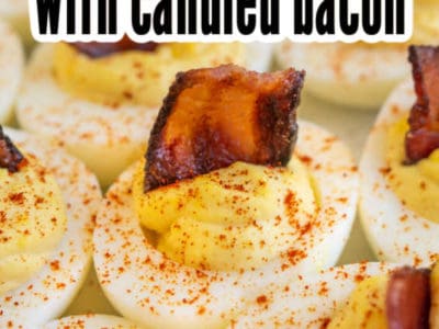 close up of deviled eggs with bacon and text on image