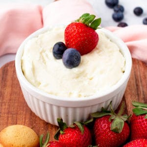 Fruit dip with marshmallow fluff in a white bowl