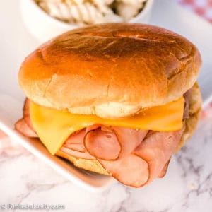 Hot ham and cheese sandwich on white plate